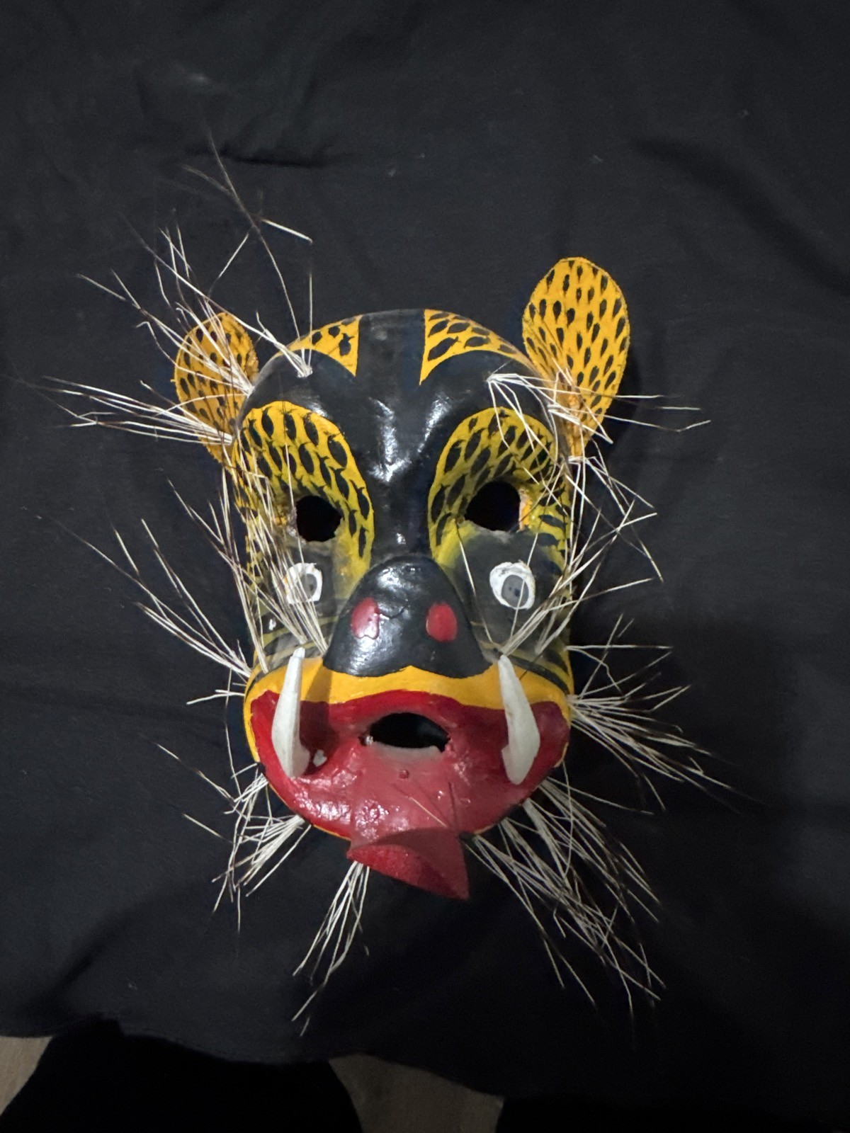 Mexican Folk Art Hand Painted Jaguar Mask with Whiskers and Tusks