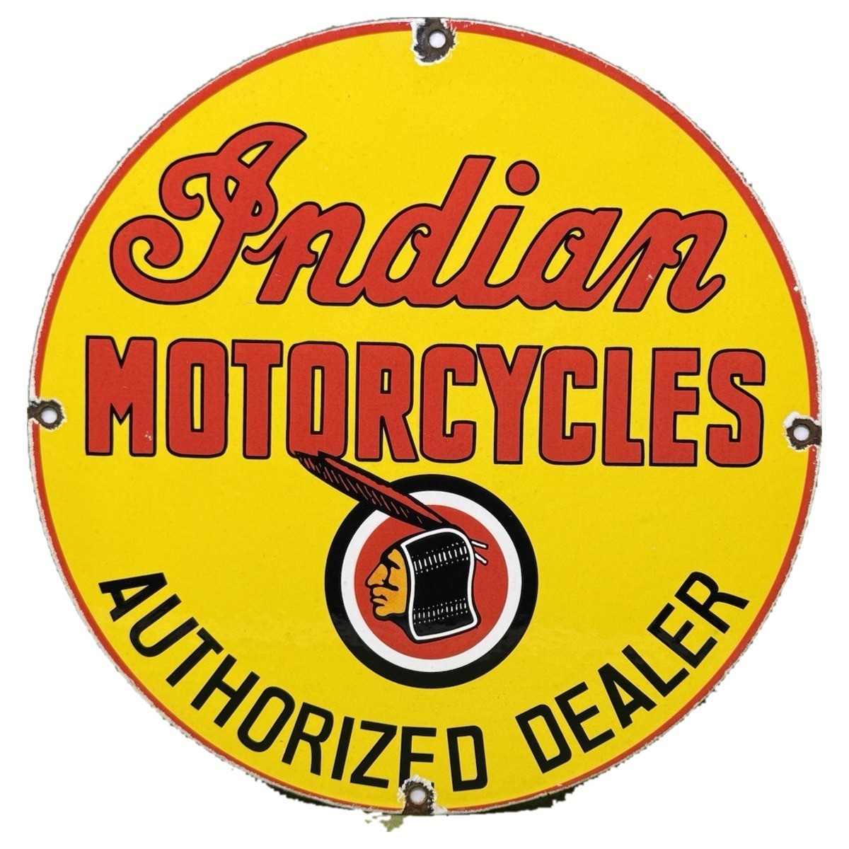 VINTAGE INDIAN MOTORCYCLES AUTHORIZED DEALER PORCELAIN SIGN SCRIPT LOGO