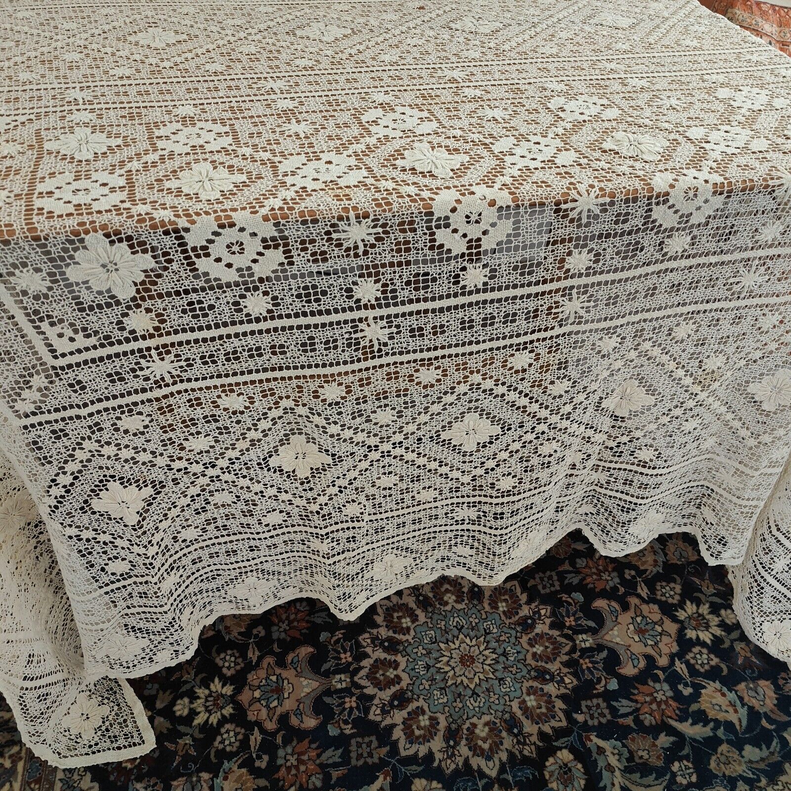 Vintage Farmhouse Crocheted Ivory Handmade Tablecloth Diamond Rosette 85\