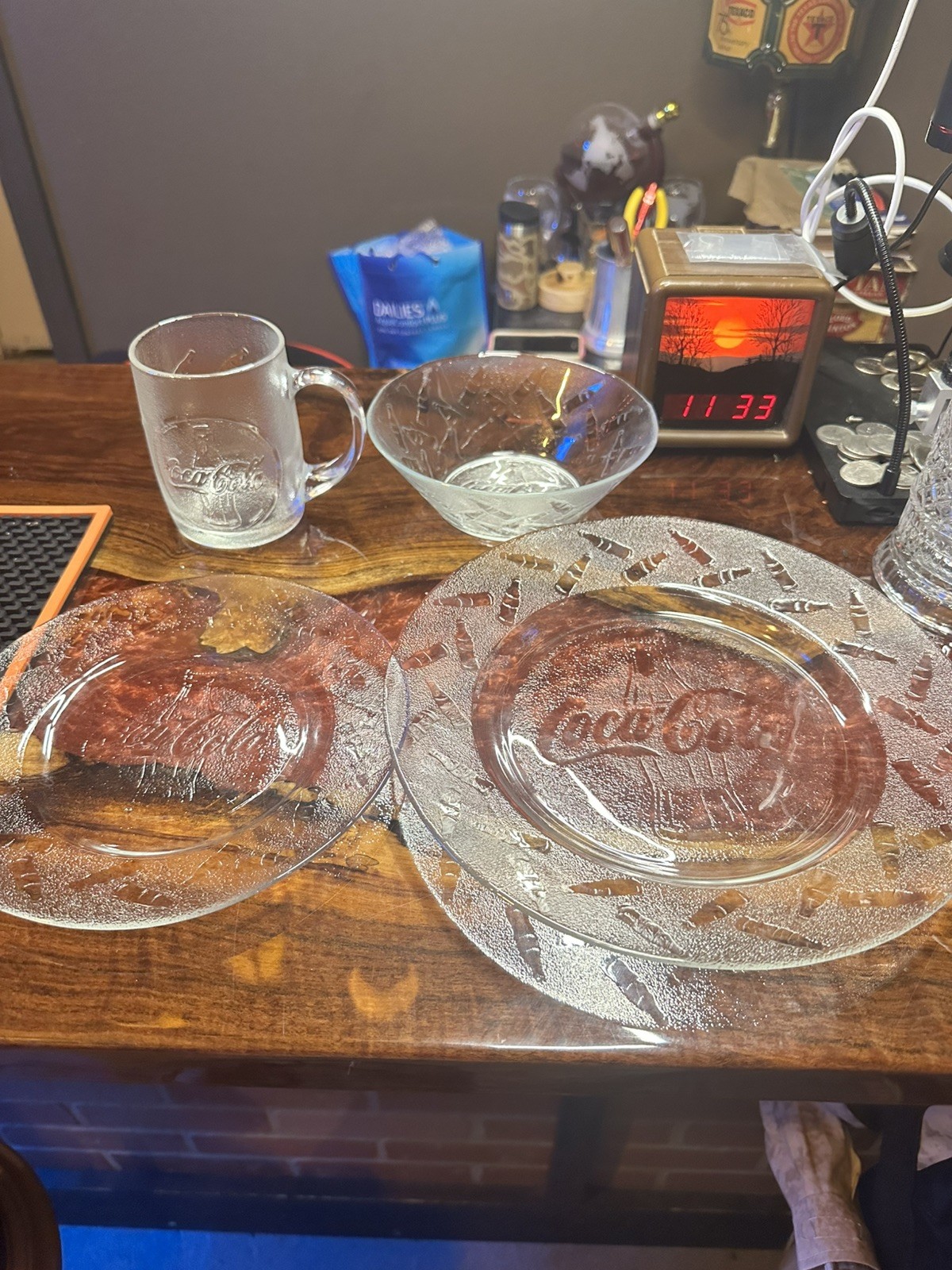 Vintage Set of Clear Glass Coca Cola Place Setting- Mug, Bowl, 2 Plates 