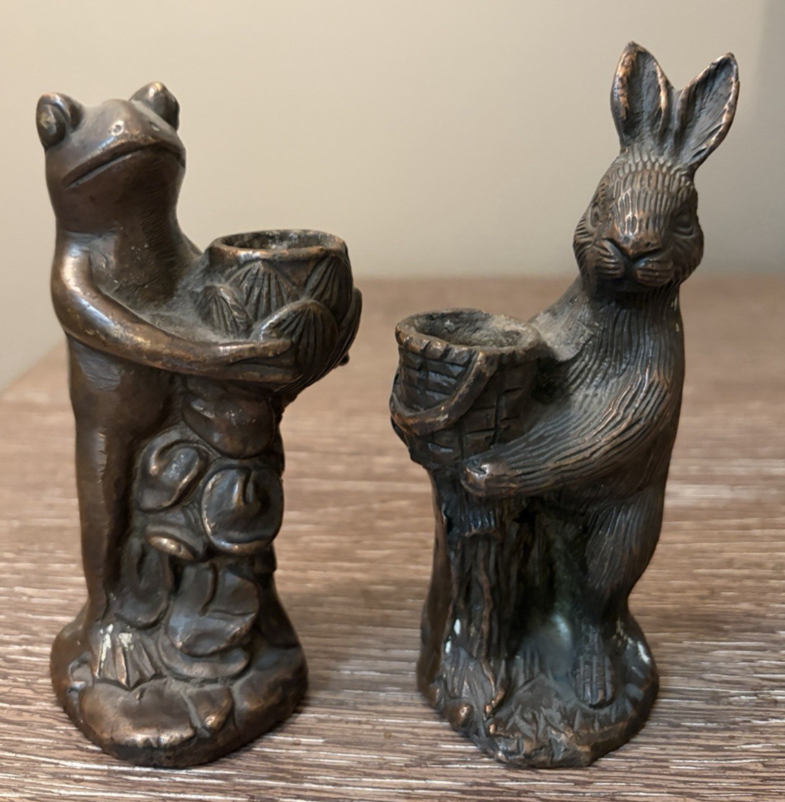 Pair Vtg Solid Bronze Candleholders Woodlands Theme Frog Rabbit V Heavy Charming