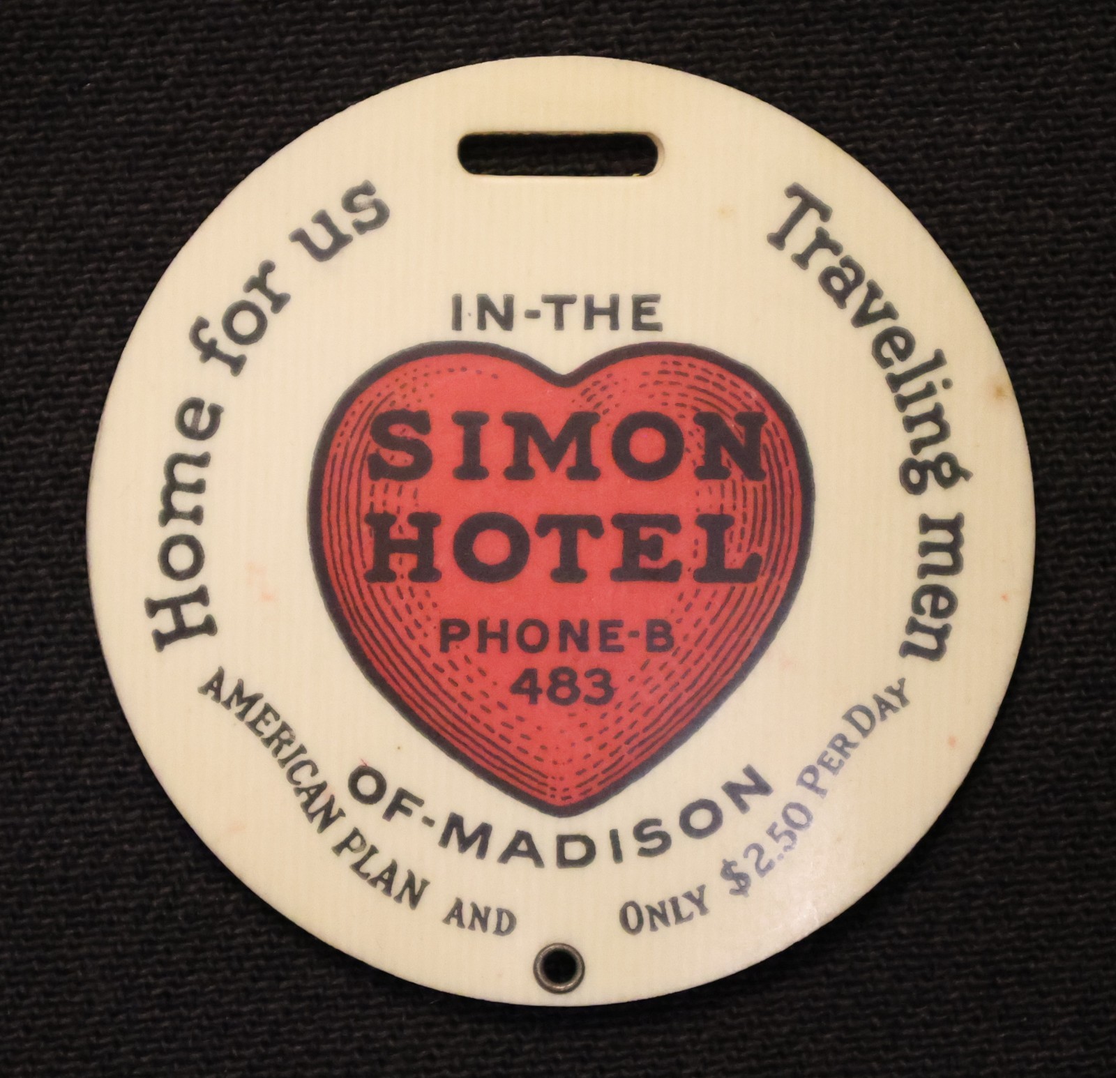 Antique Simon Hotel, Madison, Wisconsin Luggage Tag / Watch Fob