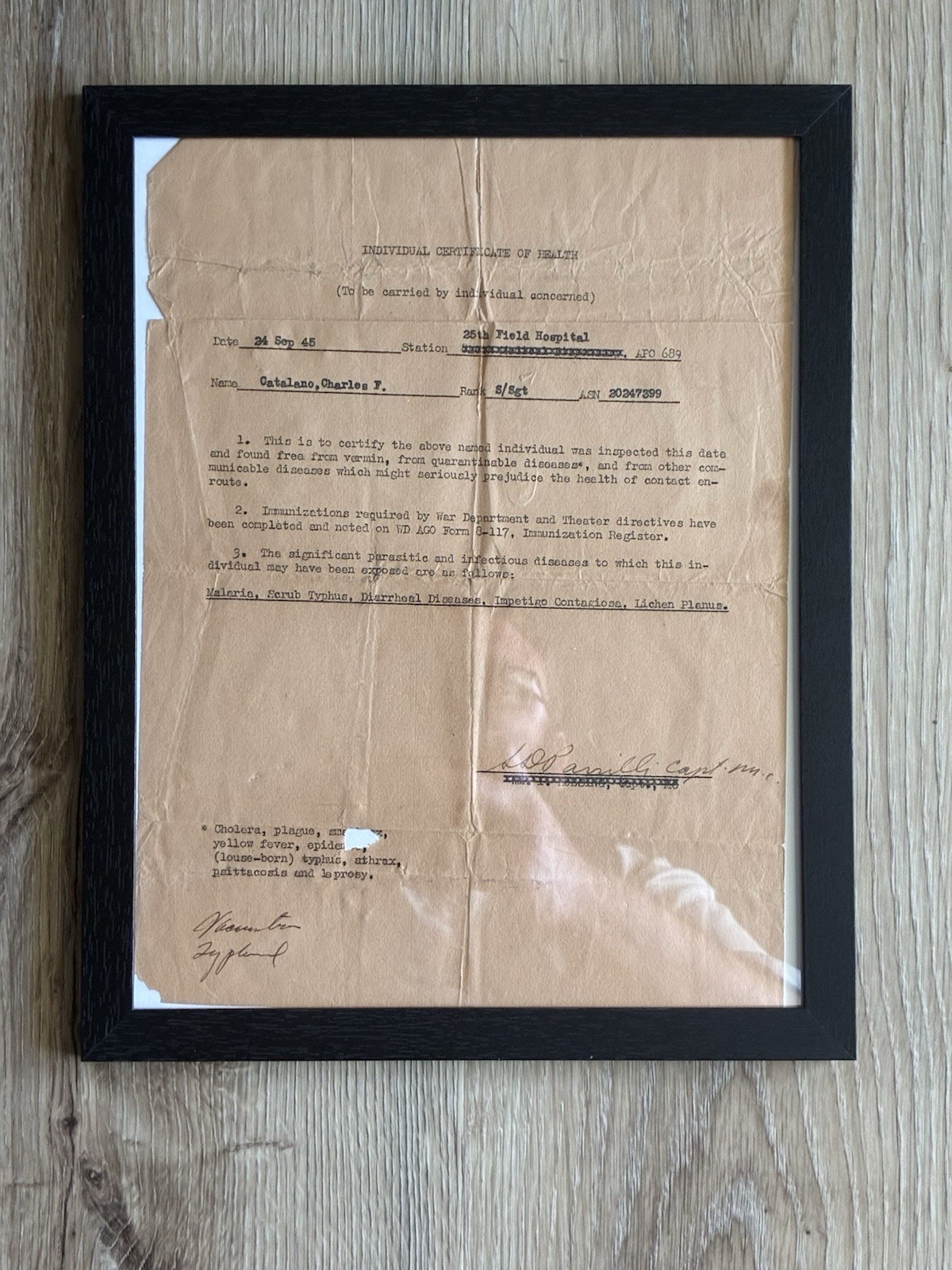 1945 WWII Individual Certificate of Health 25th Field Hospital Ledo India