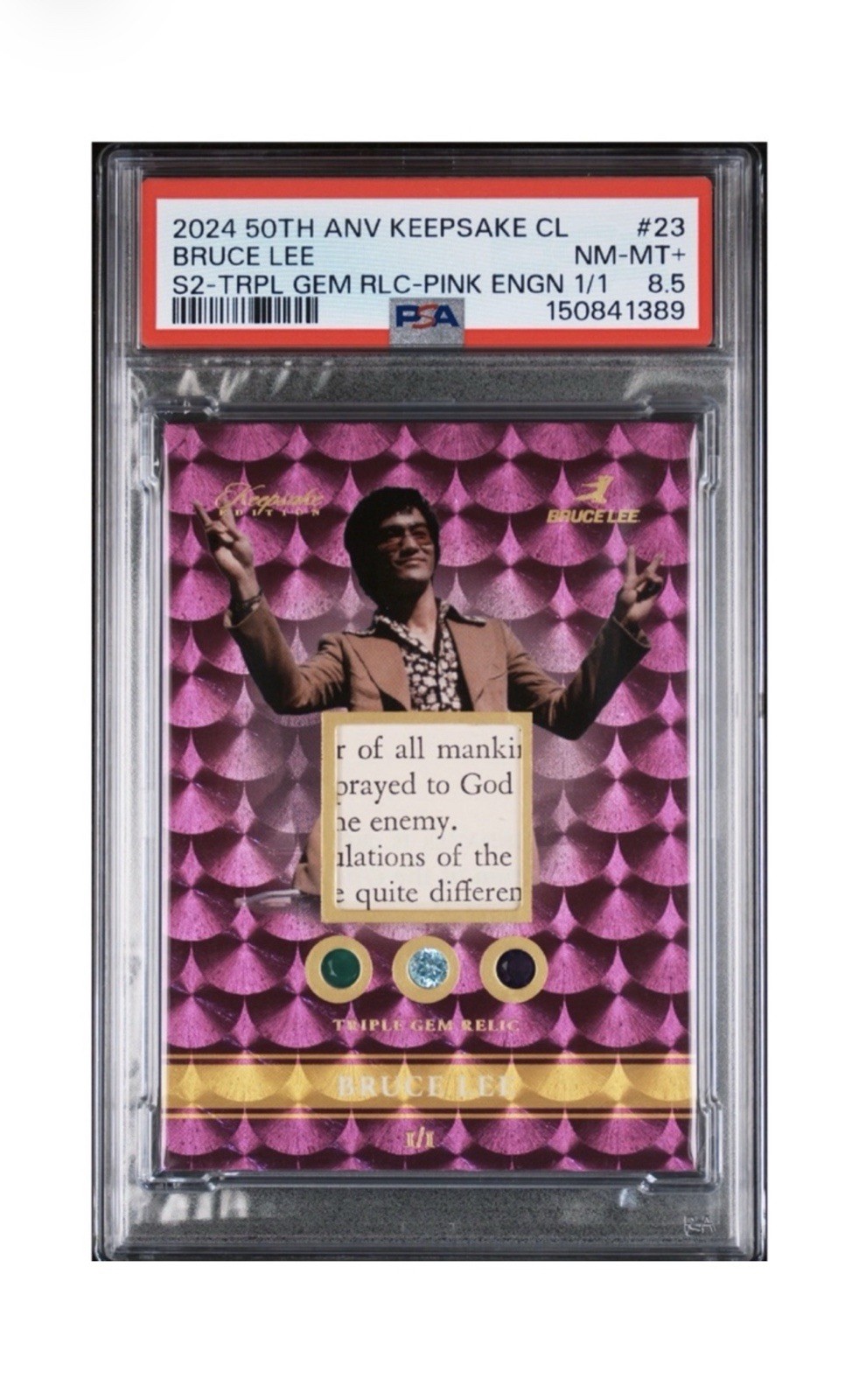 ⁠2024 Keepsake Bruce Lee TRIPLE GEM RELIC PINK 1/1 PSA POP 1 Book Cut #23⁠