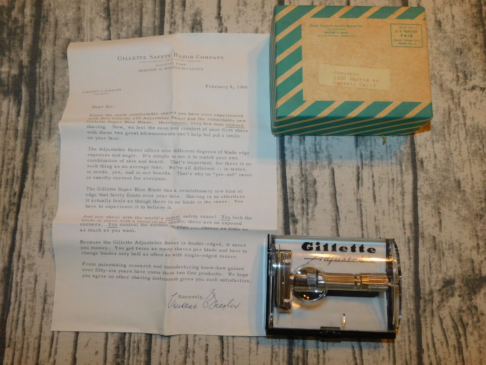 NOS VTG 1959 GILLETTE FATBOY E4 RAZOR CASE MAILER BOX FACTORY LETTER KIT SET