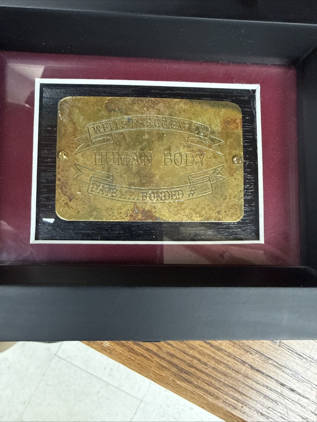 Antique Wells Fargo Exp. Co. Human Body Transport ID Tag Brass Shipping Label