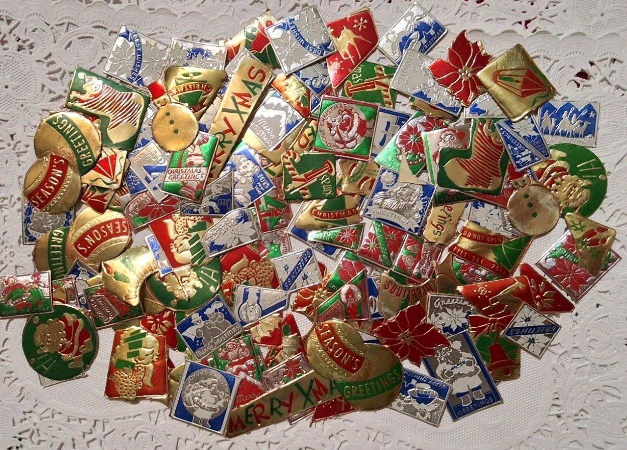 150 Vintage Christmas Foil Gummed Seals Snowmen Angels Santa Children