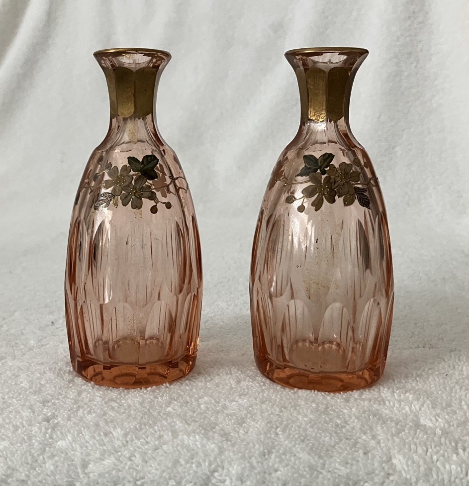 Antique Bohemian High Enamel Amber Glass Perfume Bottles Matching Pair