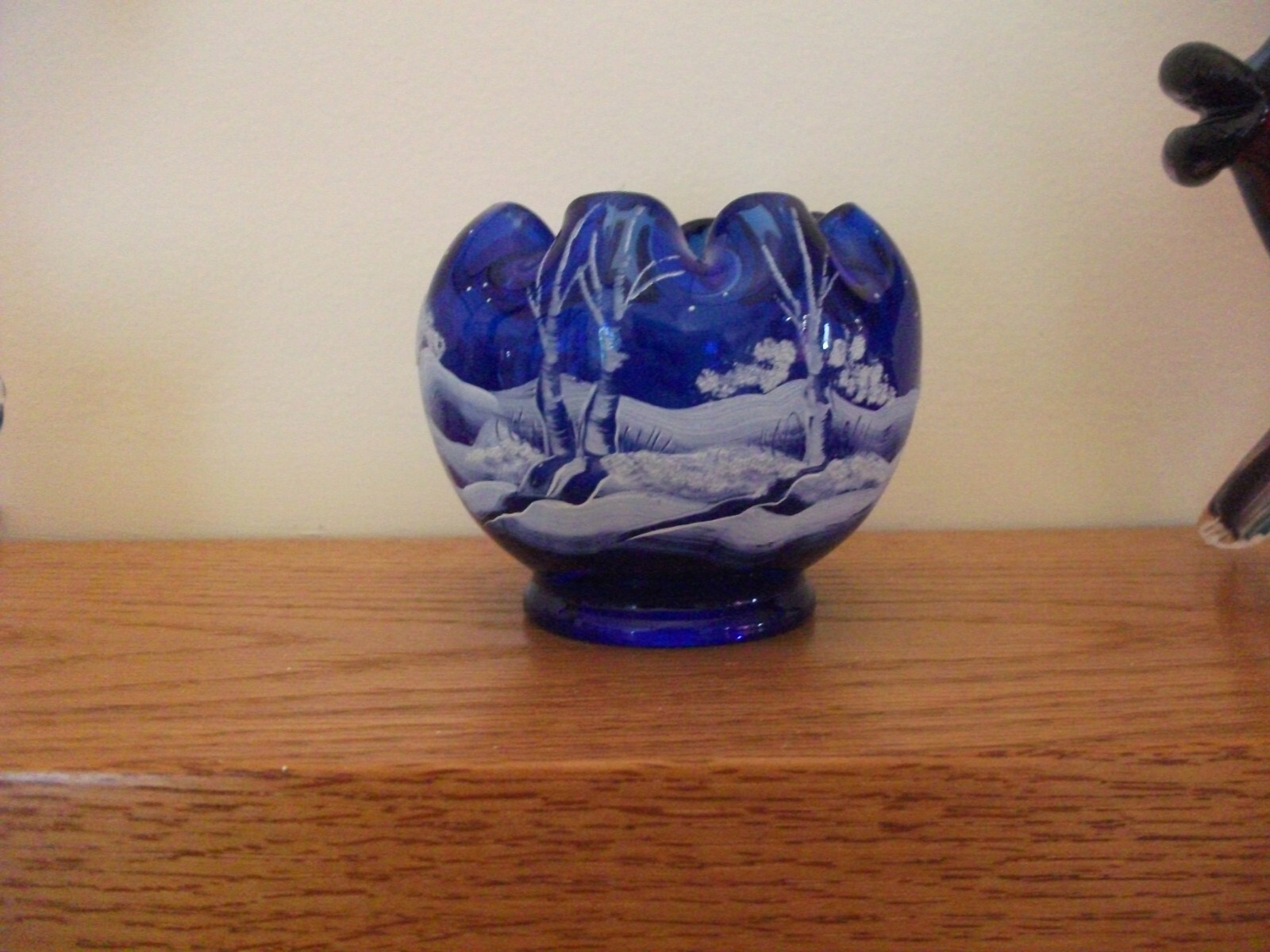 Fenton Cobalt Blue Winter Scene Hand Painted Rose Bowl - Artist Signed Fenton Cobalt Blue Winter Scene Hand Painted Rose Bowl - Artist Signed
