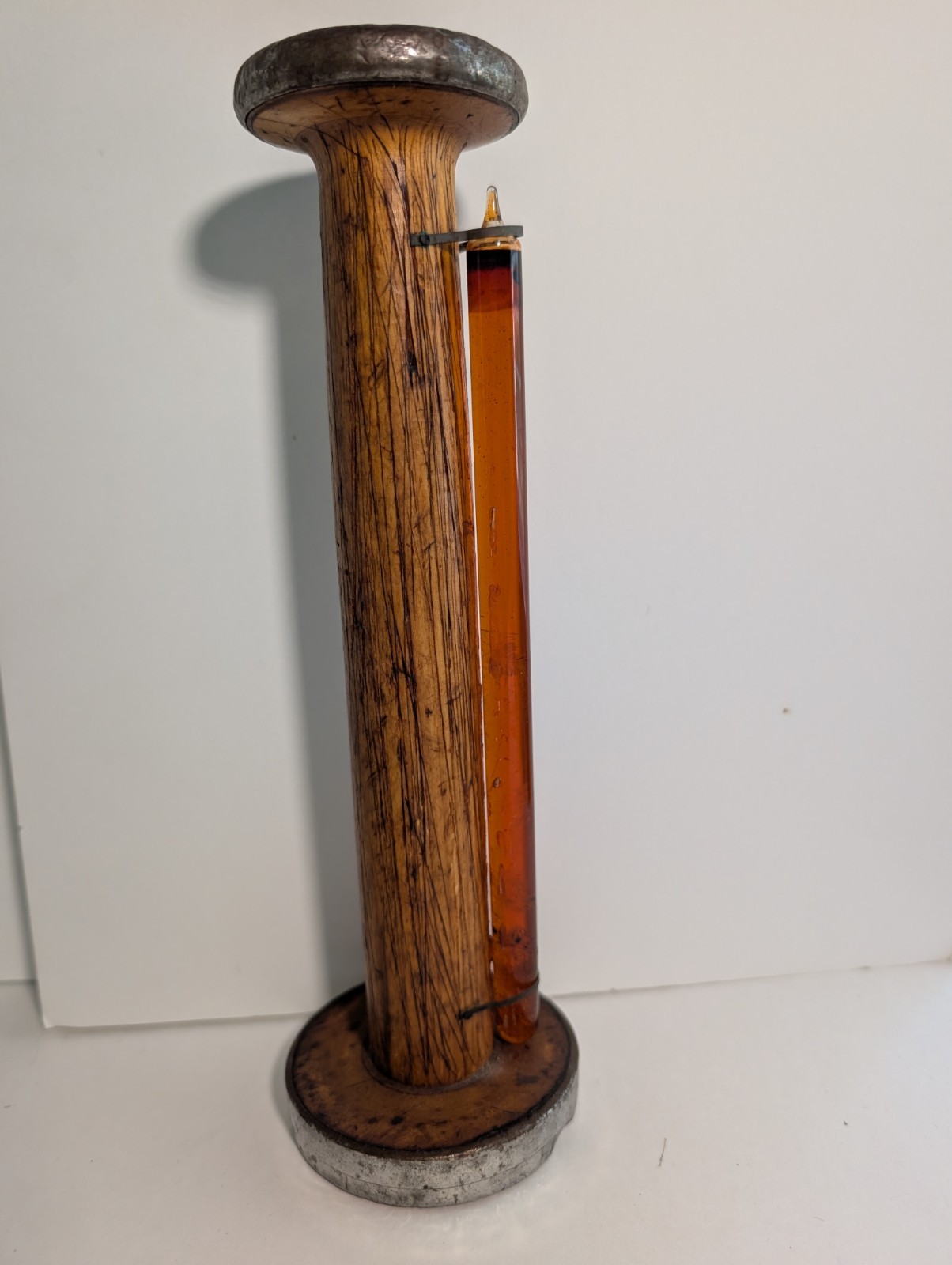 Antique Clayton Bradford Wood & Metal Bobbin W Storm Glass Weather Predictor