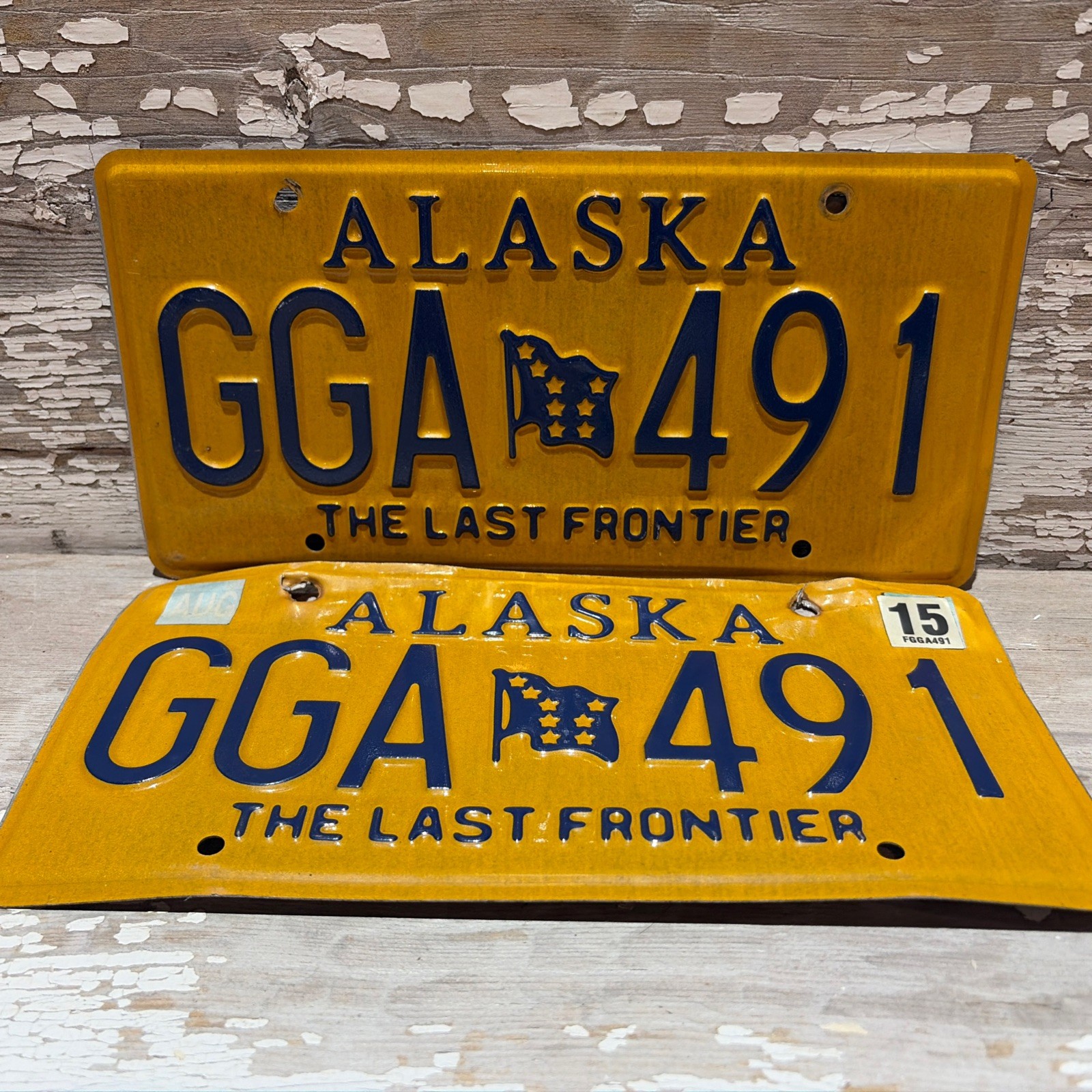 Matching Expired Alaska License Plates GGA-491 The Last Frontier Yell-blue Flag