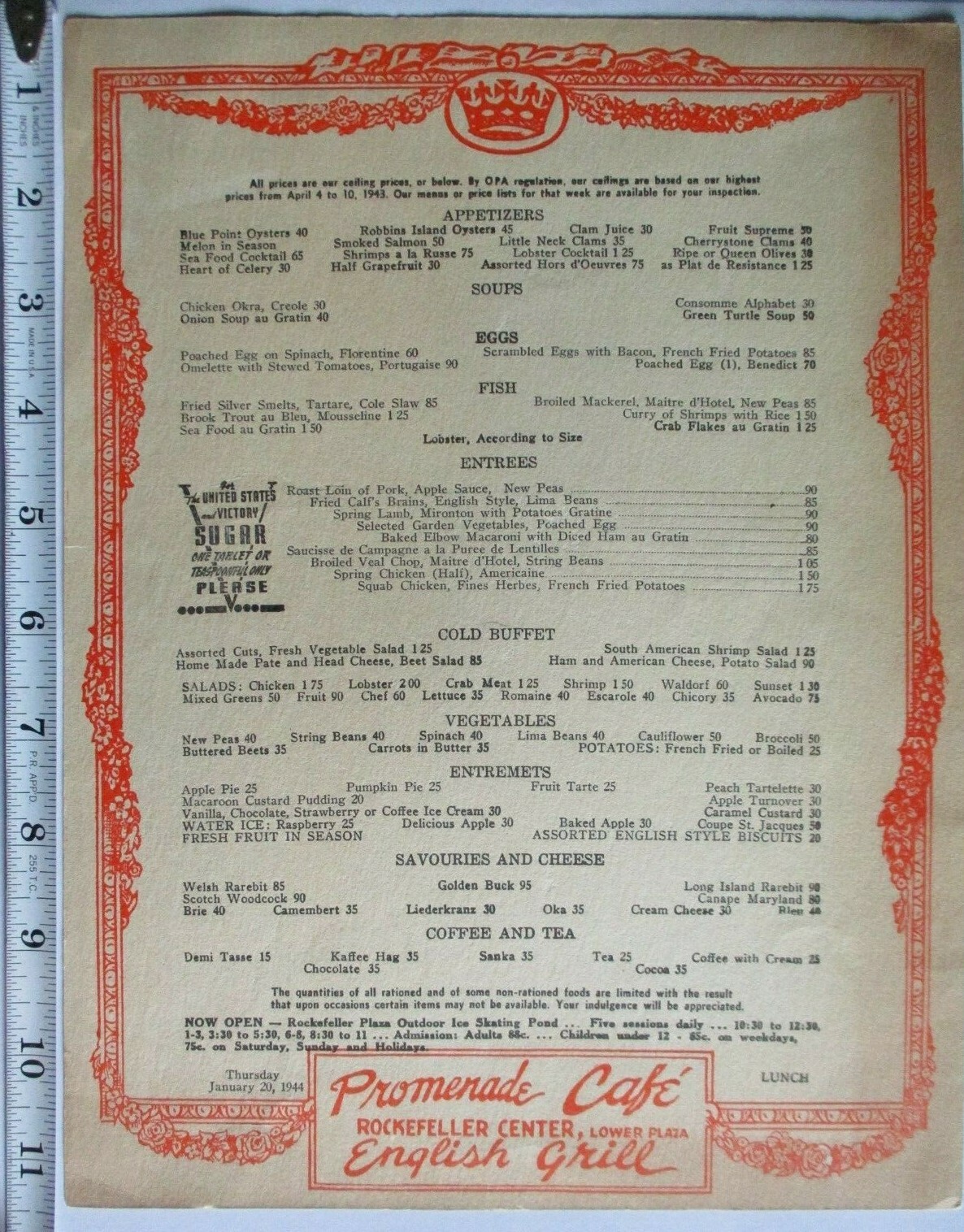 1944 Promenade Cafe Rockefeller Center WWII-Era Restaurant Menu New York NYC