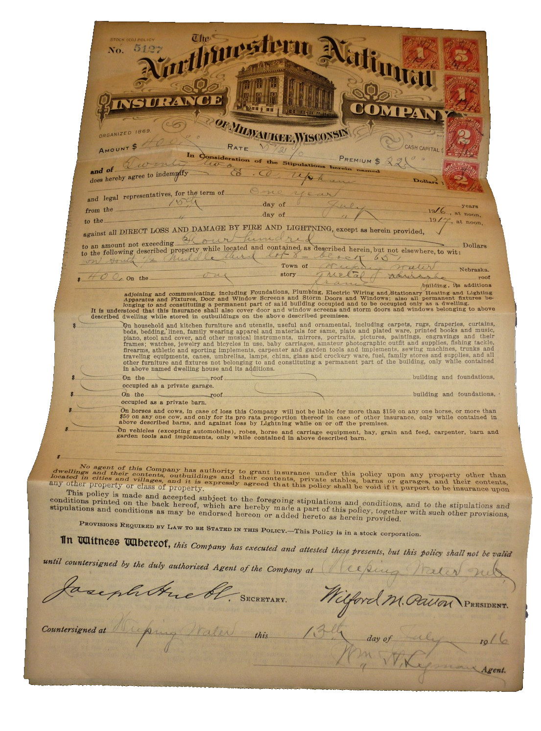 1916 Fire Insurance Policy Document WWI US Documentary Revenue Stamps Nebraska