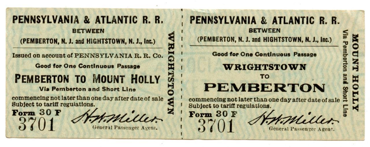 Pennsylvania Atlantic Railroad Ticket Hightstown Wrightstown Mount Holly NJ 1917