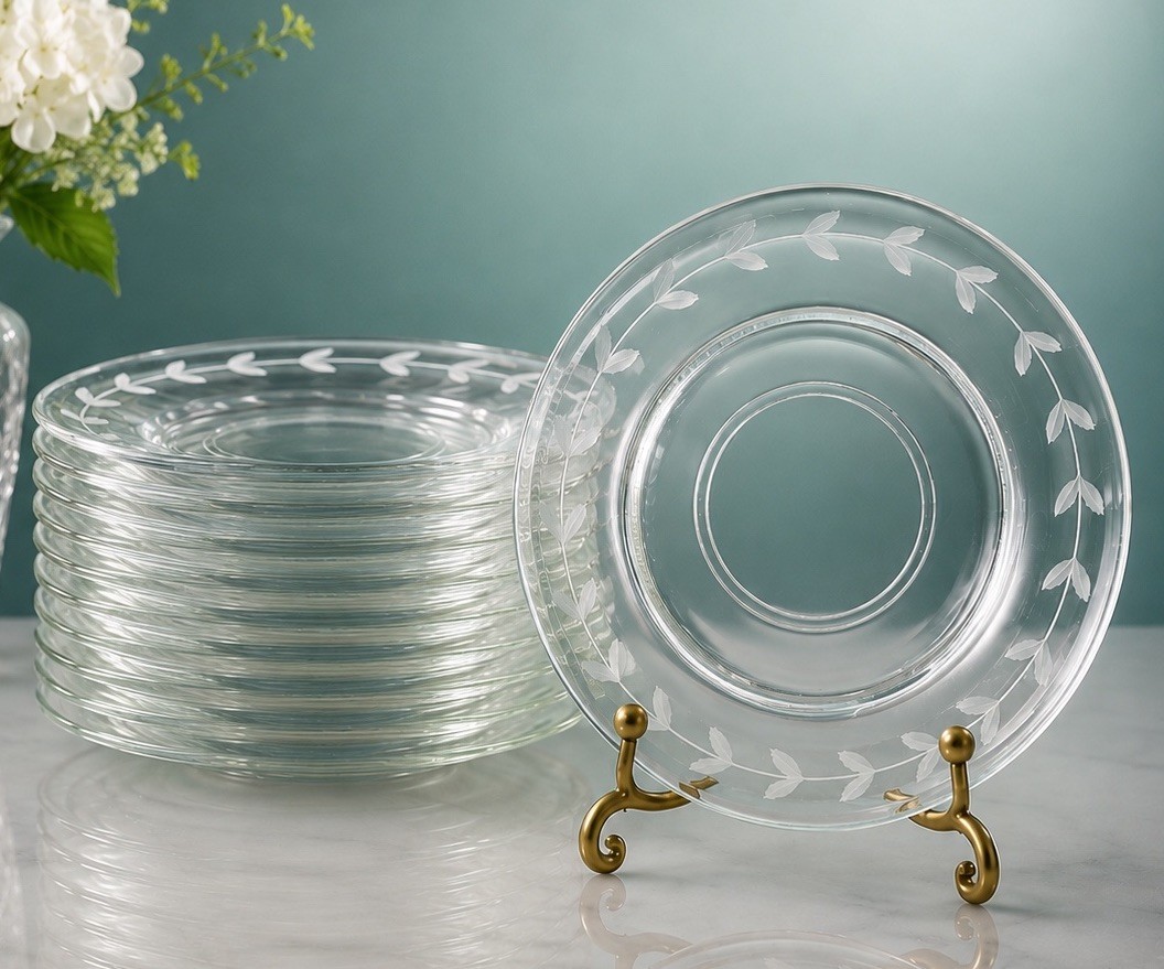 Anchor Hocking 1950s Set Of 11 Dessert Underplates Laurel Etched Glass, 6.75\