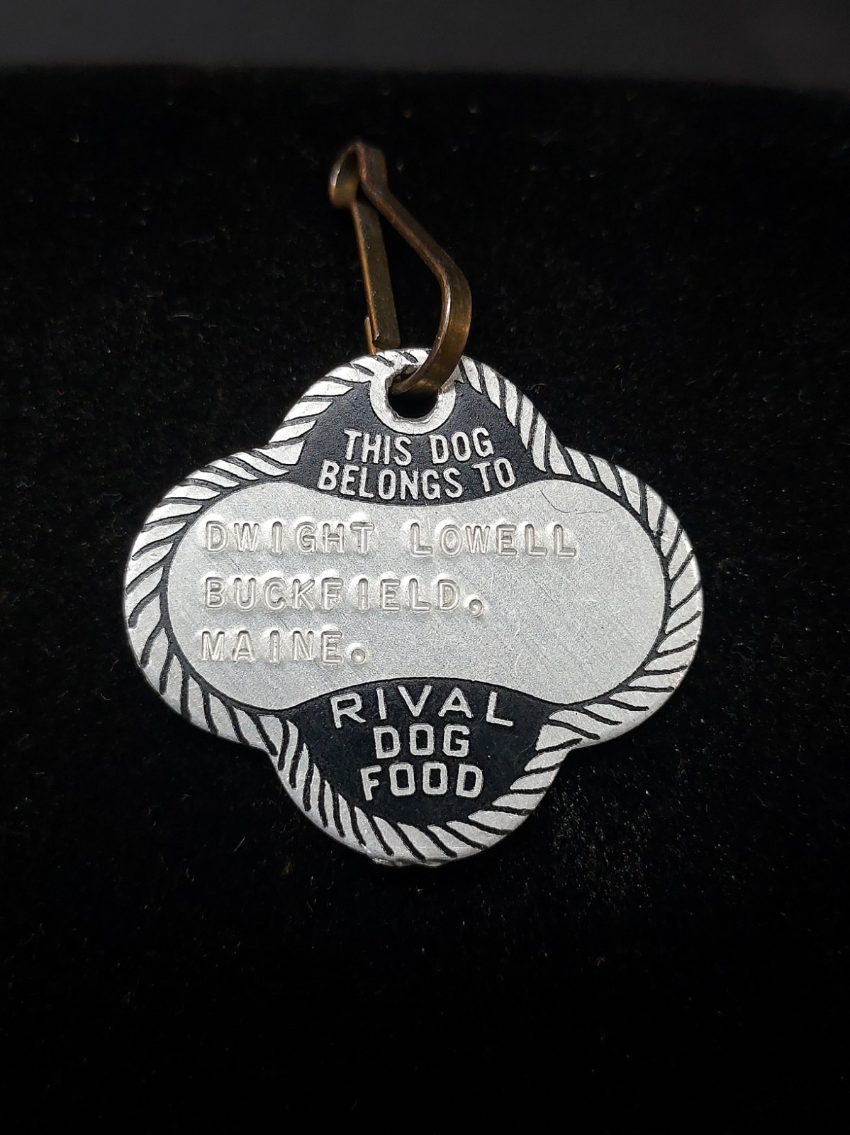 VTG Rival Dog Food Dog Tag “This Dog Belongs To” Dwight Lowell BUCKFIELD MAINE