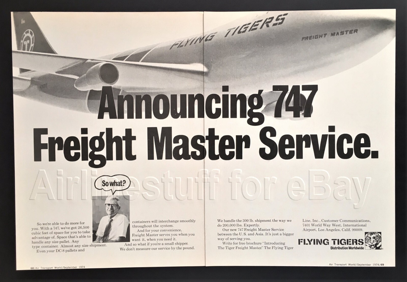1974 FLYING TIGERS Air Cargo airlines BOEING 747 FREIGHT MASTER airways advert