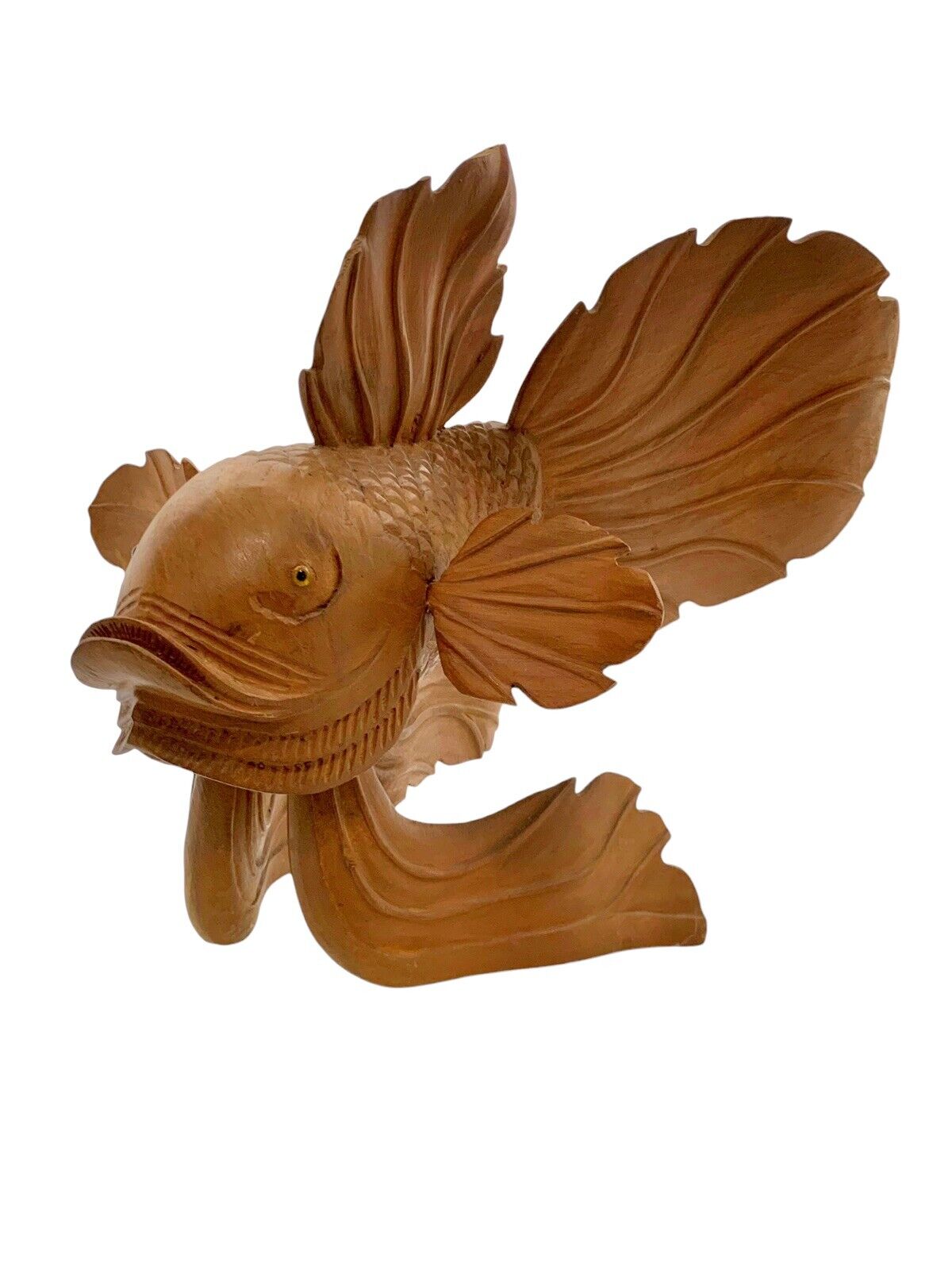 Koi Fish Figurine Large Carved Wooden Asian Sculpture  Vintage Oriental Decor