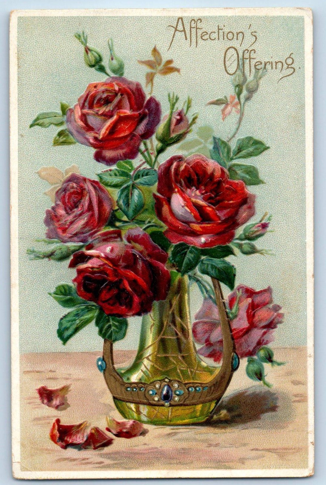 c1910s Roses Flowers In Vase Affection's Offering Embossed Tuck Antique Postcard c1910s Roses Flowers In Vase Affection's Offering Embossed Tuck Antique Postcard