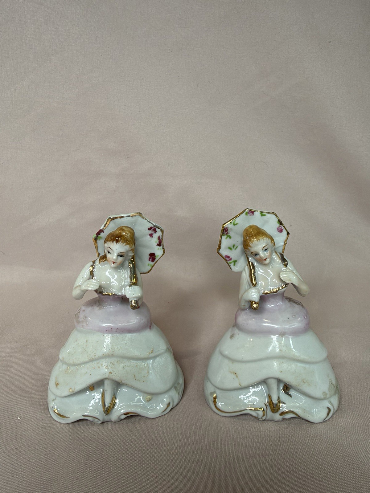 Vintage Ceramic Parasol Lady Figurines Pair Lavender & Gold 4”
