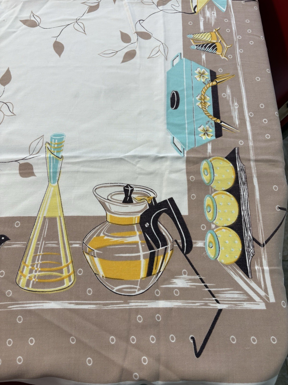 Vintage Tablecloth Retro Kitchen Things Tan Aqua Some Flaws Read Description