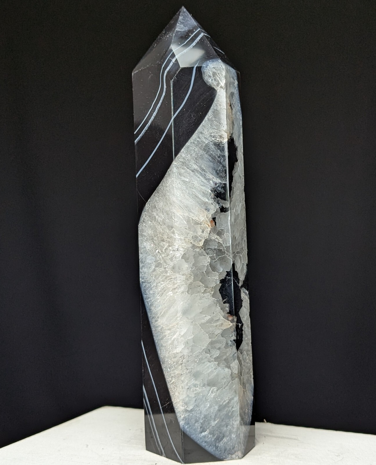 Agate Tower Black Banded Lace Point Quartz Lage Big Tall Crystal Wand Gemstone