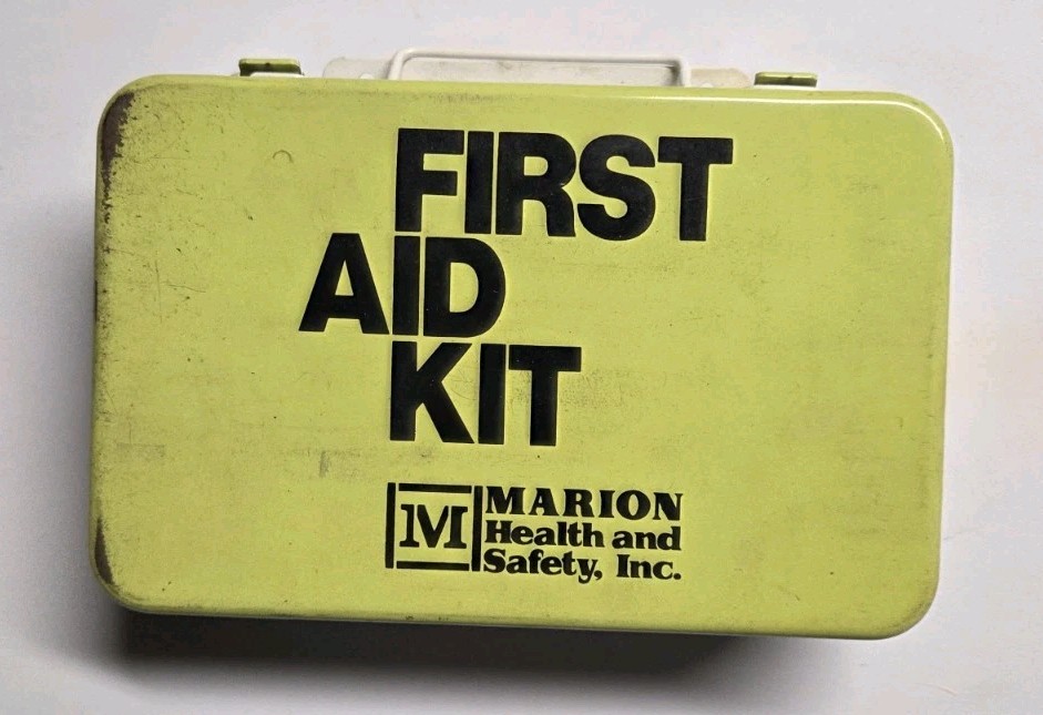 Vintage 1970s OSHA Worksite Marion Health and Safety Inc. Metal First Aid Kit