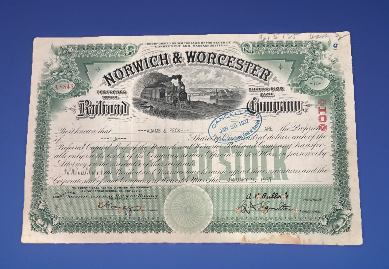 Norwich & Worcester Railroad Stock Cert 1937 Adams & Peck Historic RR for MA CT