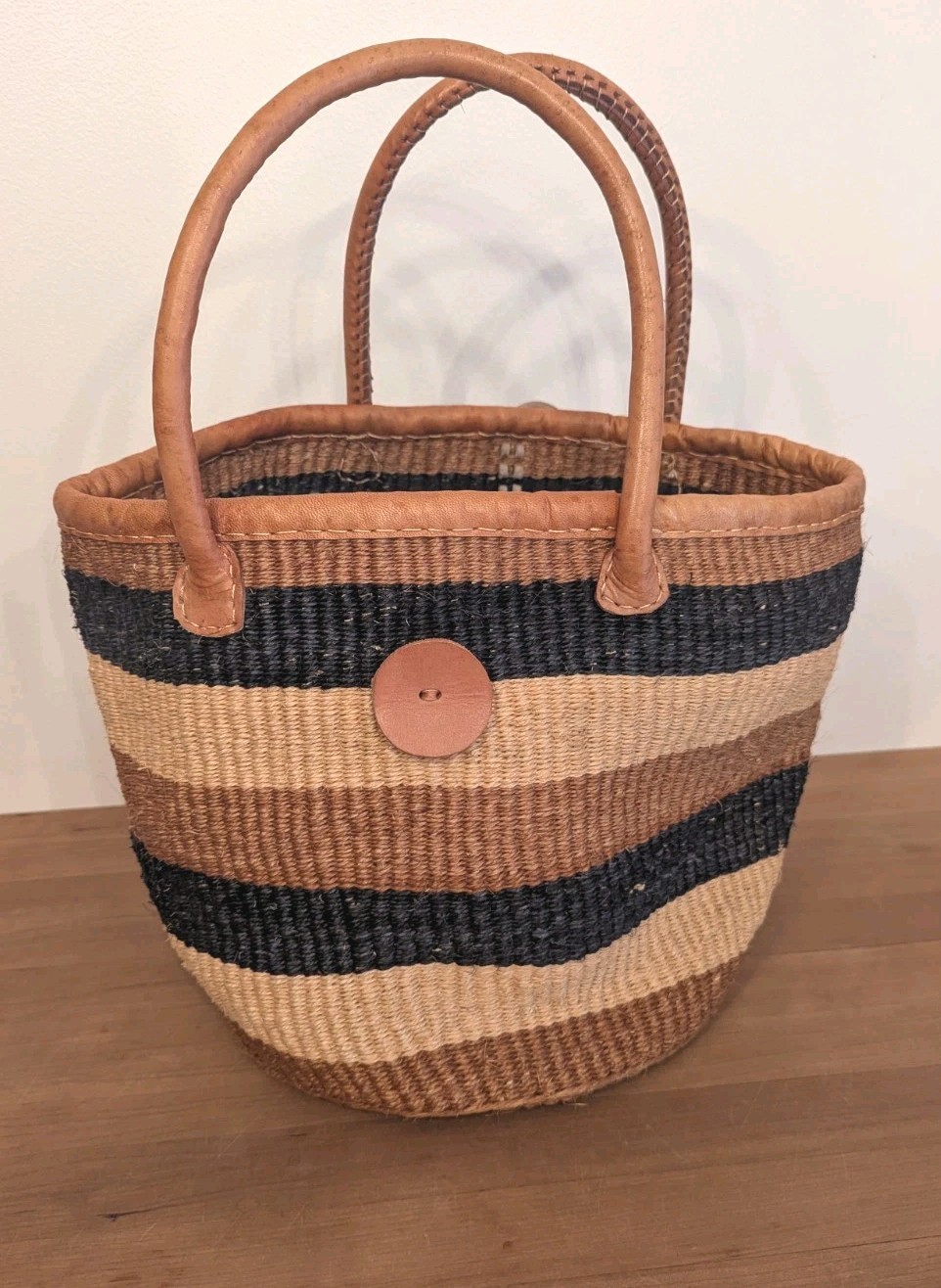 Handwoven African Bolga Market Basket Leather Handles Kenyan Woven Tote...