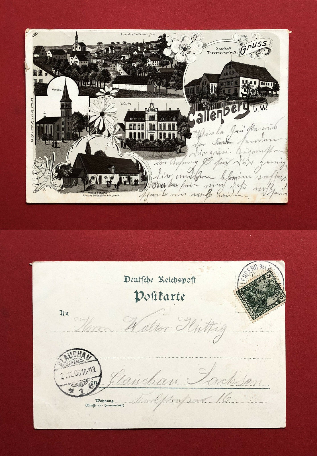 Litho Postcard Callenberg 1900 Gasthof Plauscher Hof, School, Church (61600
