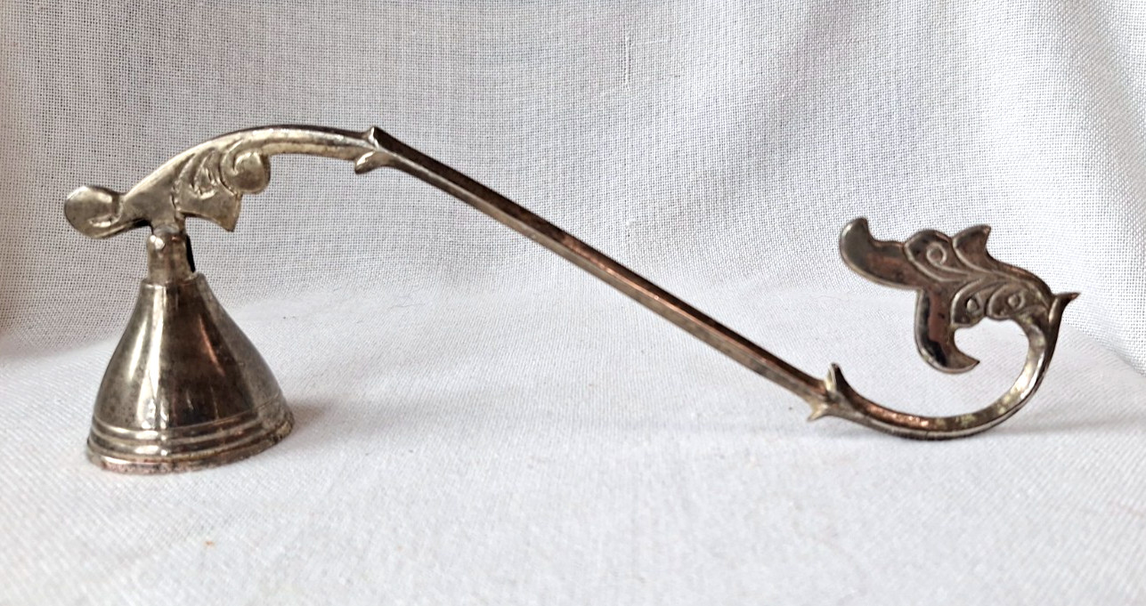 Vtg Silver Tone Metal Candle Snuffer Ornate handle, Patina, Antique-Look