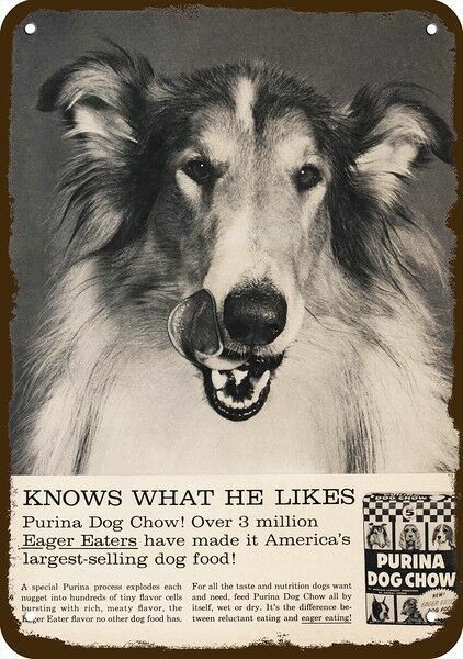 1965 COLLIE DOG Lassie & PURINA Dog Chow Vntg-Look DECORATIVE REPLICA METAL SIGN
