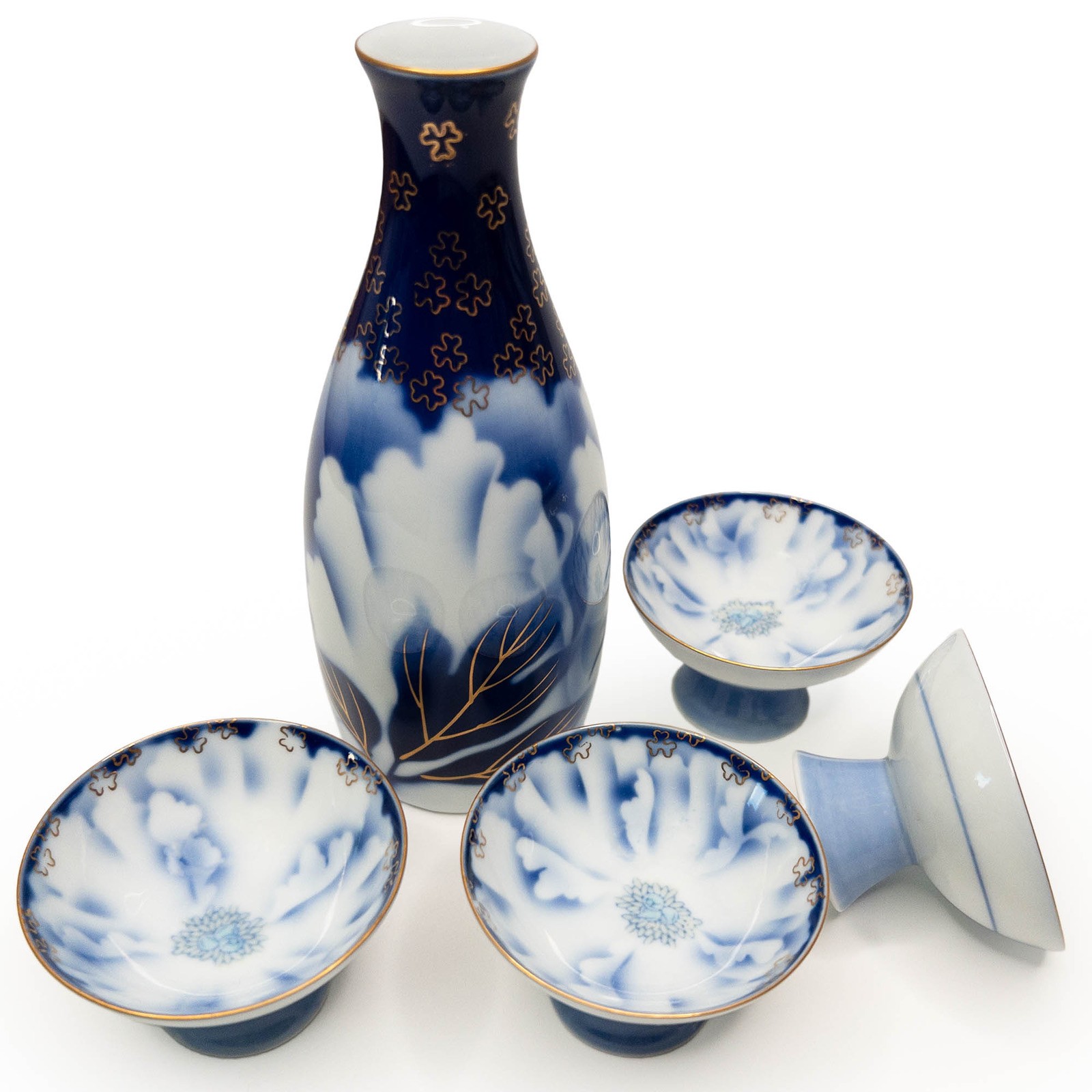 Japanese Fine Fukagawa Blue Porcelain Sake Serving Set Peonies with Gold Accents