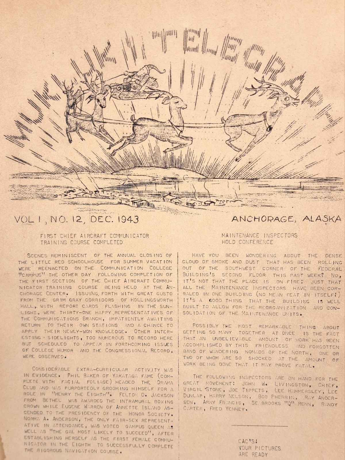 Rare Dec 1943 WWII Mukluk Telegraph Newspaper Anchorage Alaska Civil Aero. Admin