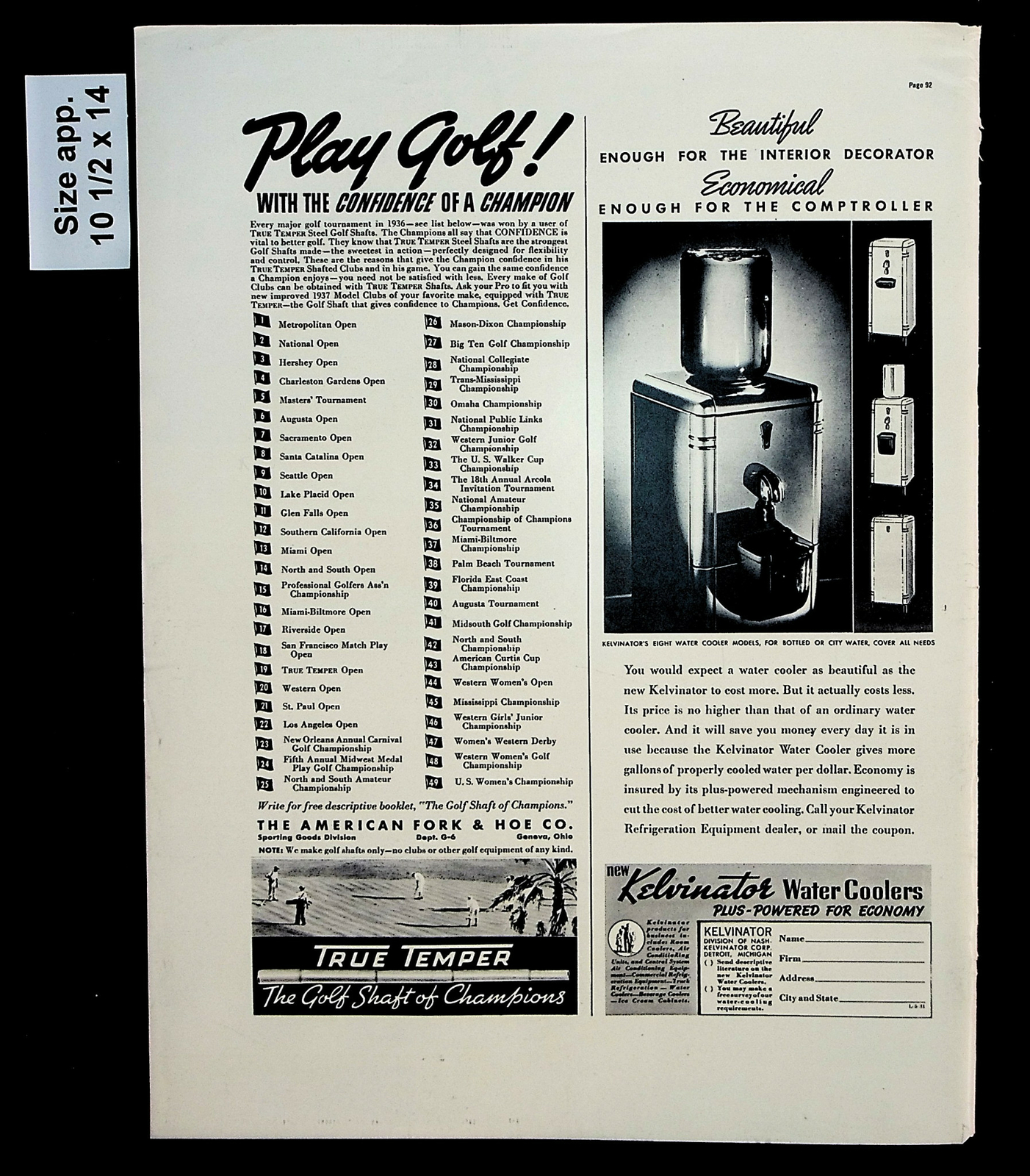 1937 True Temper Golf Shaft Kelvinator Water Cooler Vintage Print Ad 30767