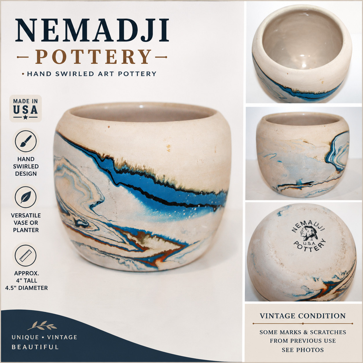 Nemadji Pottery Swirl Vase Art Pottery Planter Blue Brown Marbled 4.5