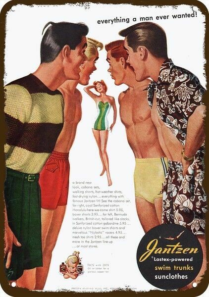 1950 Men & Sexy Woman JANTZEN SWIM SUITS Vntg-Look DECORATIVE REPLICA METAL SIGN