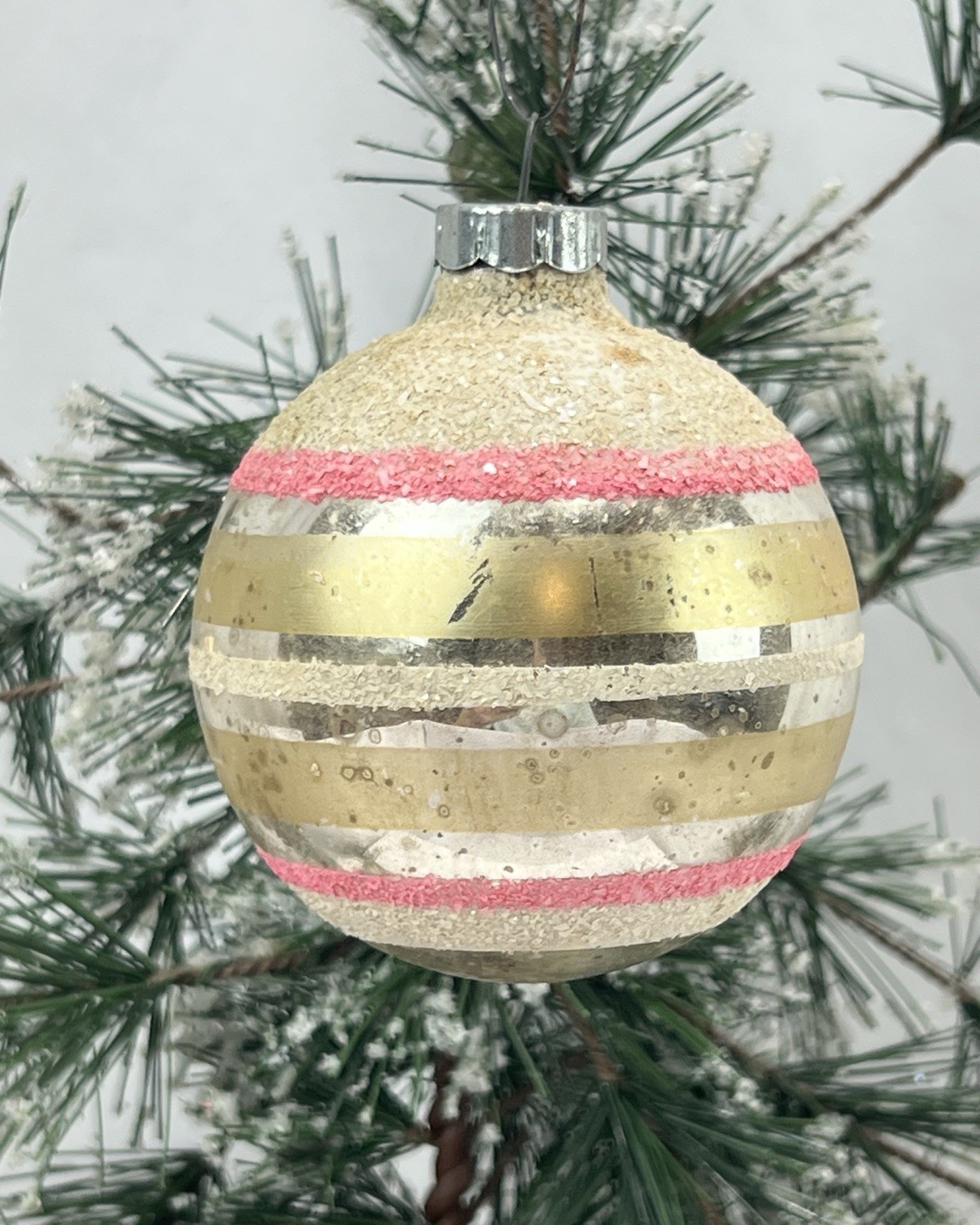 Vintage Shiny Brite Pink White Mica Gold Stripe Atomic Glass Christmas Ornament