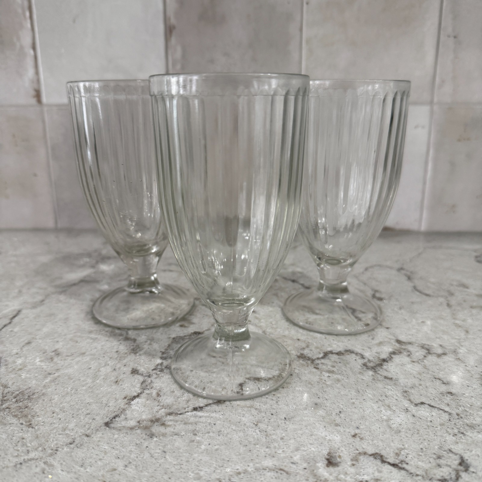 Vintage Clear Glass Footed Parfait Set of 3 Ribbed Soda Fountain Sundae Cups MCM