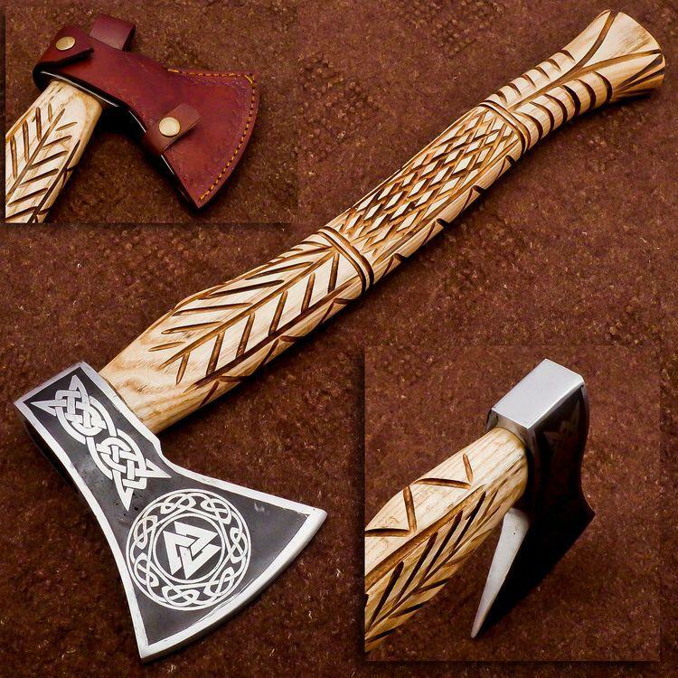 BEAUTIFULL CUSTOM HANDMADE 20\'\' LONG CARBON STEEL AXE WITH ACHING AND HANDCRAFT