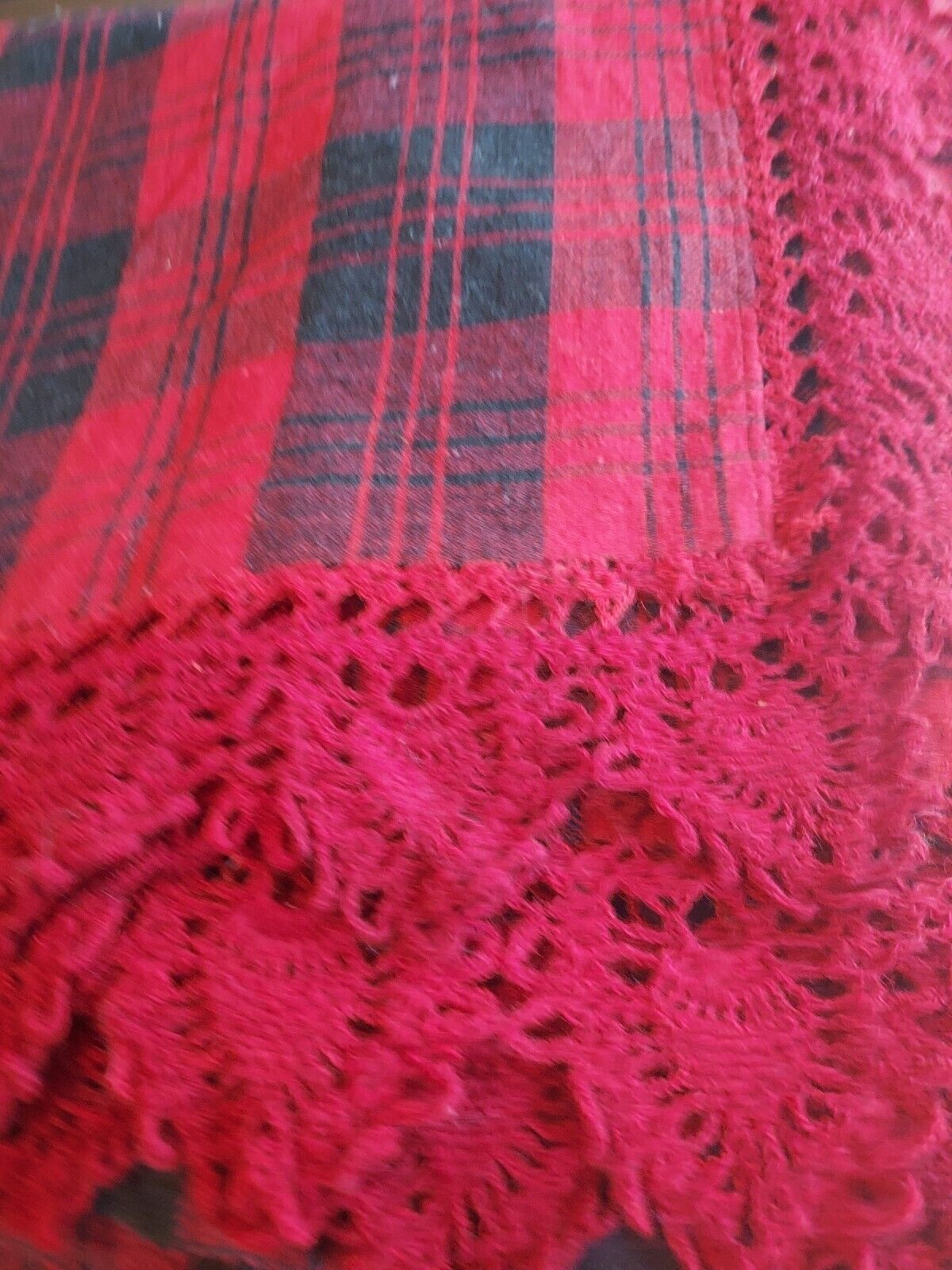 Vintage Wool Red Buffalo Plaid Coverlet Woven Seamed Red Hand Crochet Trim