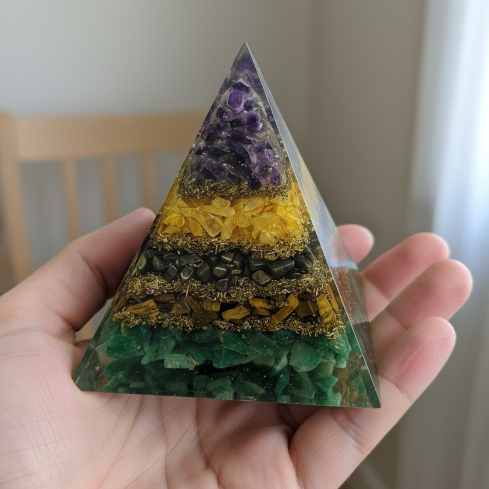 Handmade Orgone Chakra Pyramid with Amethyst, Citrine, Aventurine & Tiger Eye
