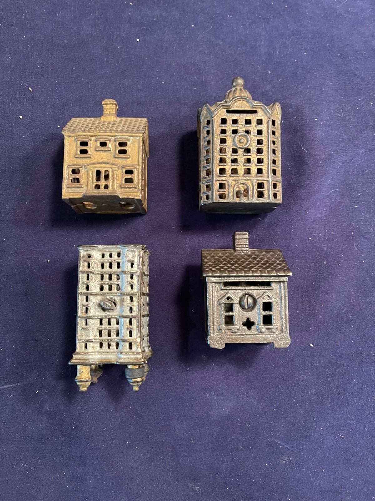 Lot of 4 Antique Cast Iron Still Banks House Skyscraper Buildings AC Williams