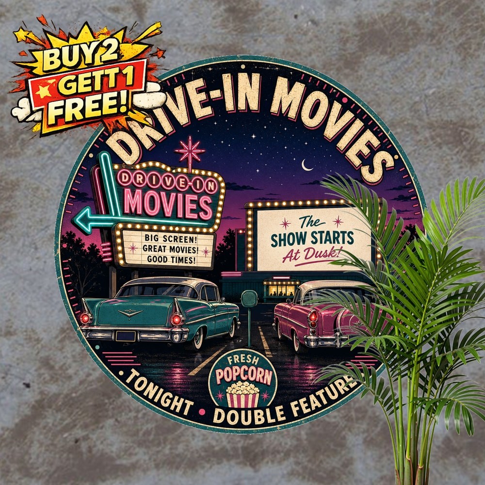 Drive-In Cinema Retro Theater Round Metal Sign Vintage Wall Decor Plaque 8x8