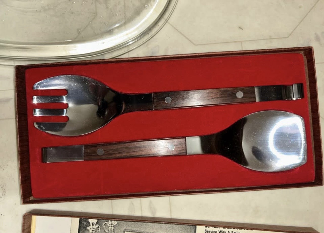 Burnco Serving Fork + Spoon Tongs Vintage Stainless Steel Original Box Japan