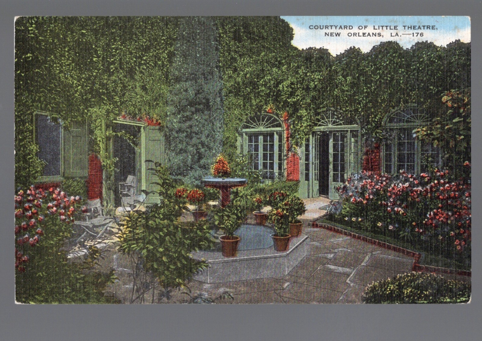 c1940 Little Theatre Courtyard New Orleans LA Flowers Postcard 176