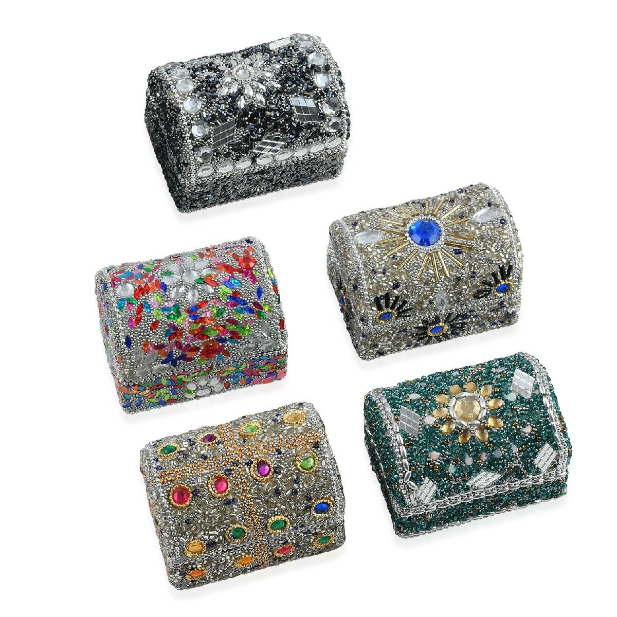 Set of 5 Multi Color Beaded Mini Chest Portable Jewelry Organizer Box Storage