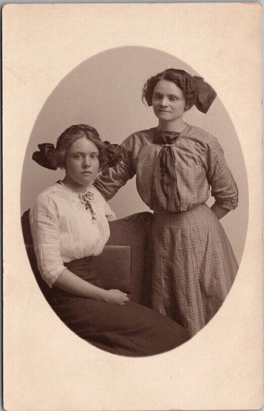 1910s Studio Photo RPPC Postcard Two Pretty Young Ladies / Big Hair Bows Unused