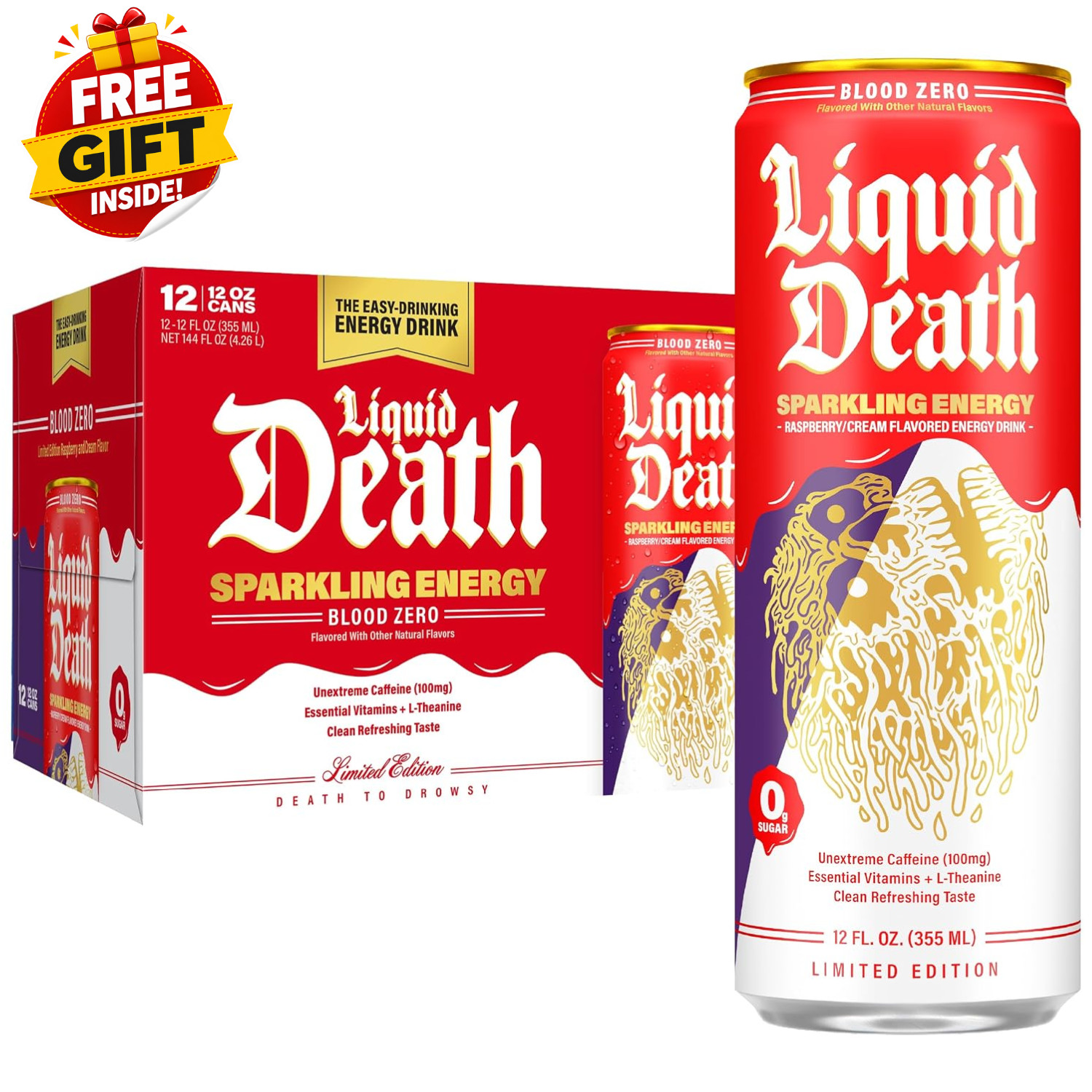 Liquid Death Sparkling Energy Blood Zero Raspberry Cream 12oz 12 Pack
