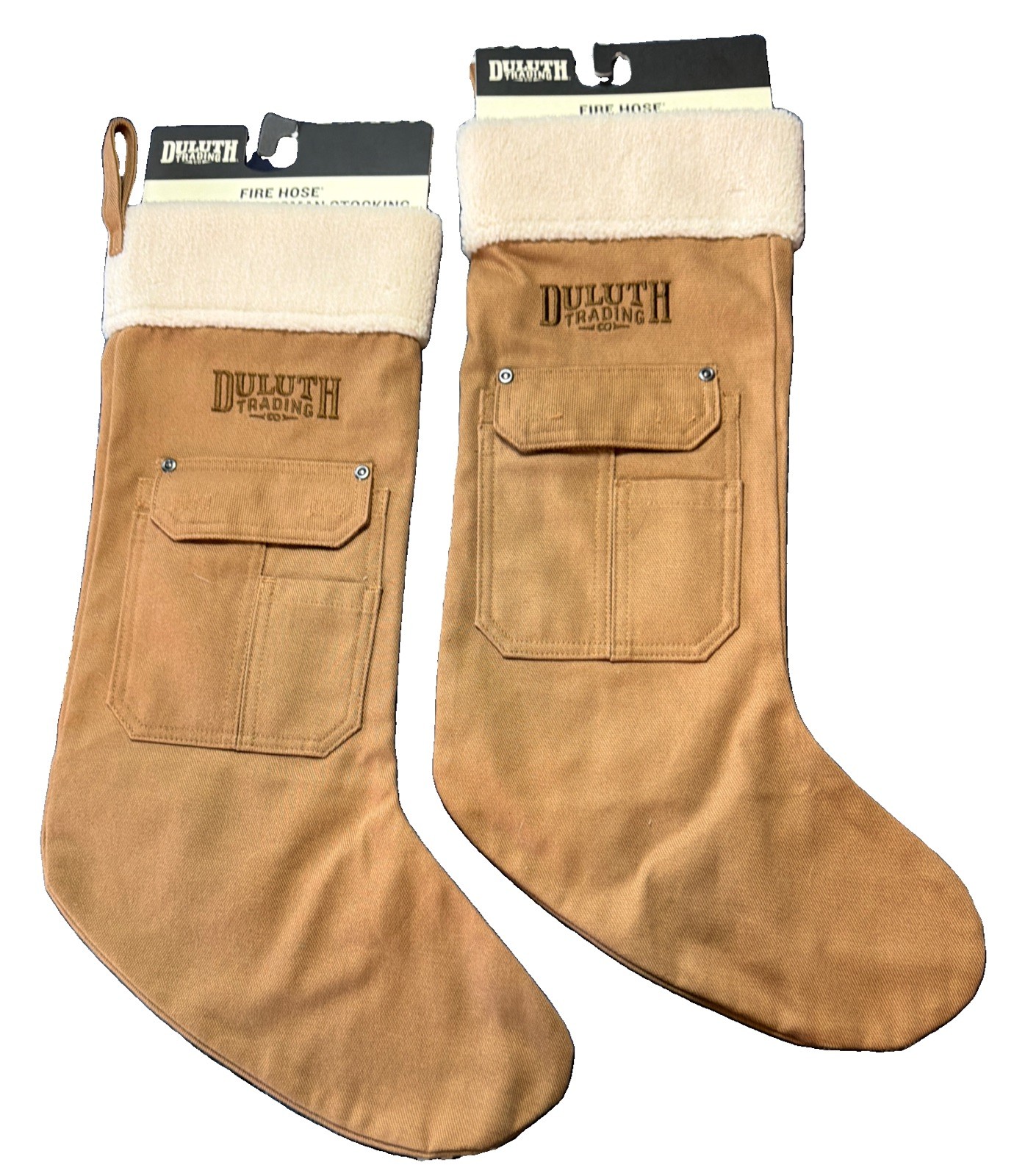 🏷️ 2 BRAND NEW Christmas Stocking, Sealed Duluth Trading Co Fire Hose Tradesman